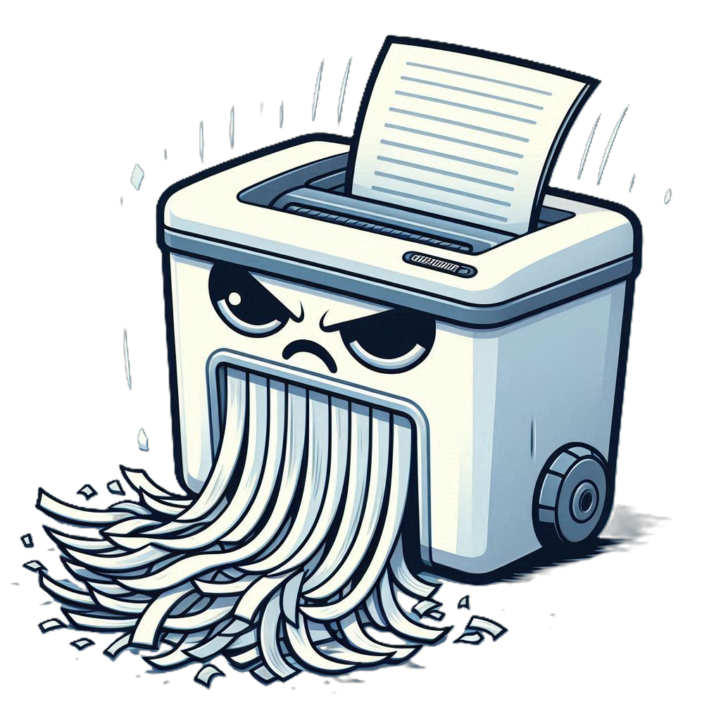 Cartoon paper shredder with an angry face is actively shredding a stack of documents, with strips of shredded paper spilling out onto the floor. The shredder has exaggerated frustrated features and is set against a simple dark background. The emotional tone is humorous and intense. No visible text appears in the image.